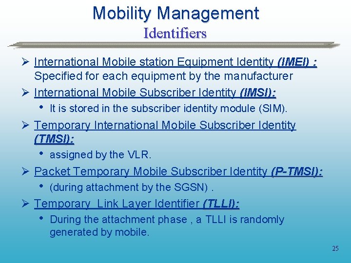 Mobility Management Identifiers Ø International Mobile station Equipment Identity (IMEI) : Specified for each