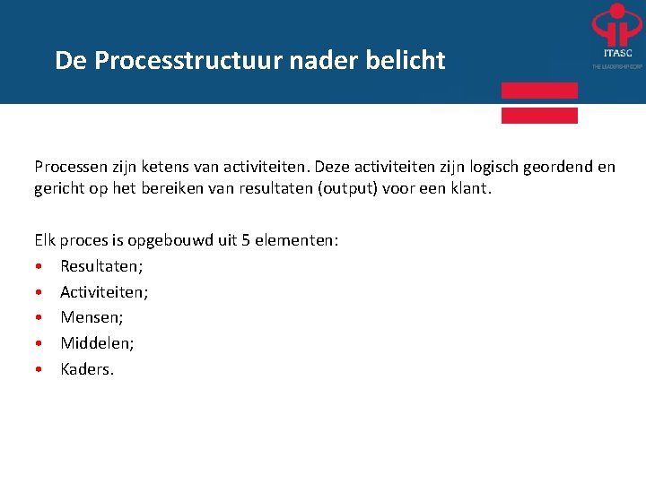 De Processtructuur nader belicht Processen zijn ketens van activiteiten. Deze activiteiten zijn logisch geordend