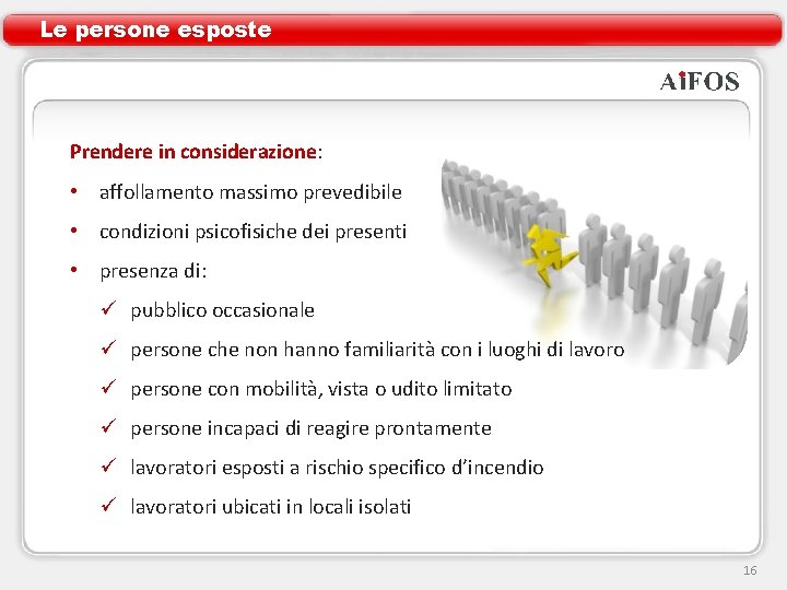 Le persone esposte Prendere in considerazione: • affollamento massimo prevedibile • condizioni psicofisiche dei