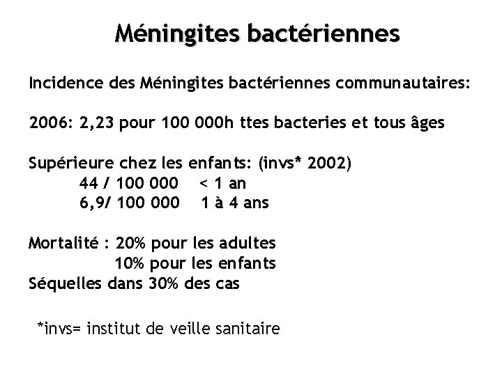 Méningites bactériennes Incidence des Méningites bactériennes communautaires: 2006: 2, 23 pour 100 000 h