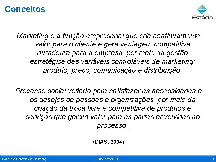 Conceitos Marketing é a função empresarial que cria continuamente valor para o cliente e