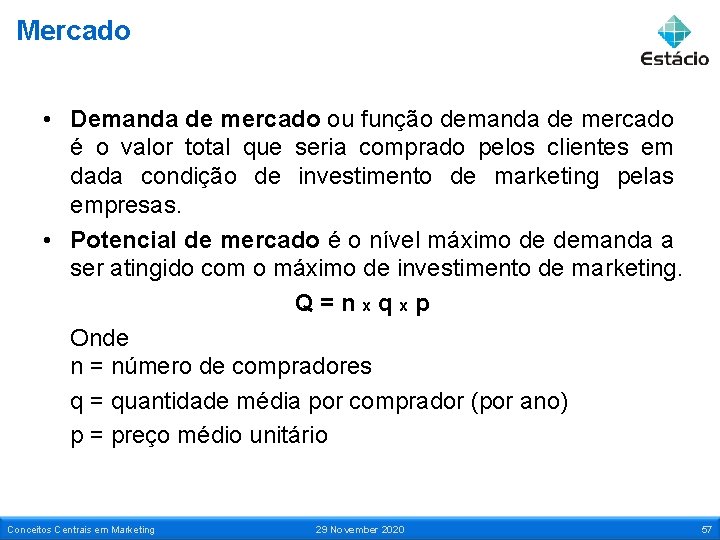 Mercado • Demanda de mercado ou função demanda de mercado é o valor total