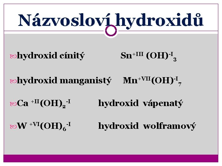 Názvosloví hydroxidů hydroxid cínitý Sn+III (OH)-I 3 hydroxid manganistý Mn+VII(OH)-I 7 Ca +II(OH)2 -I