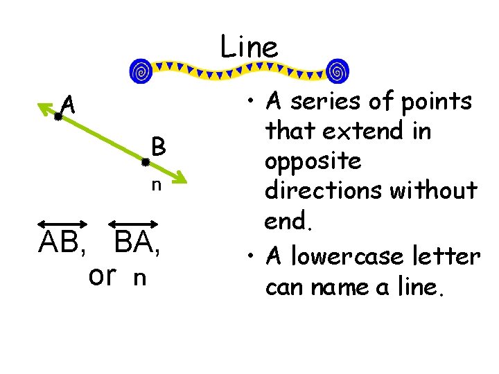 Line A B n AB, BA, or n • A series of points that