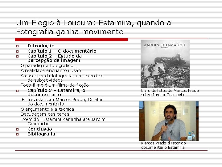 Um Elogio à Loucura: Estamira, quando a Fotografia ganha movimento Introdução o Capítulo 1