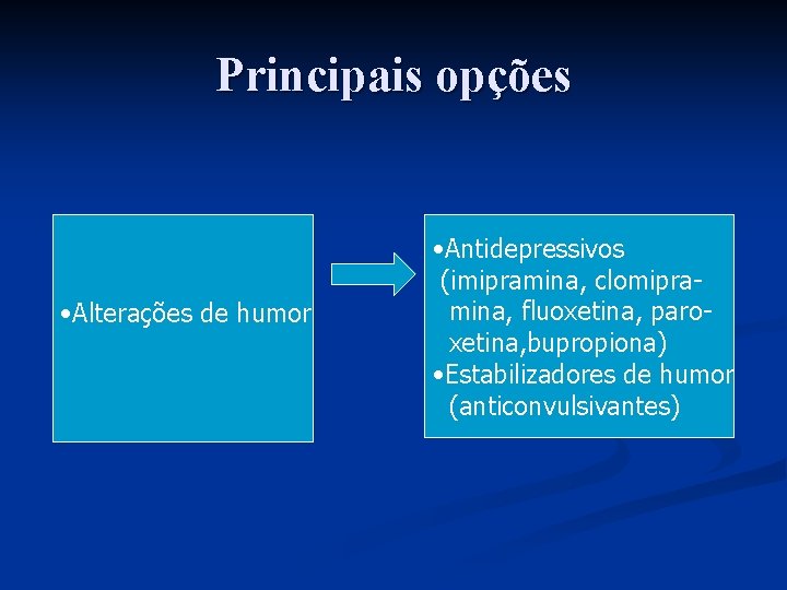 Principais opções • Alterações de humor • Antidepressivos (imipramina, clomipramina, fluoxetina, paroxetina, bupropiona) •