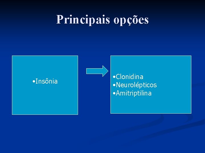 Principais opções • Insônia • Clonidina • Neurolépticos • Amitriptilina 