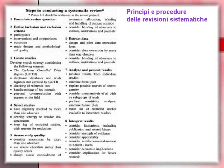 Principi e procedure delle revisioni sistematiche 