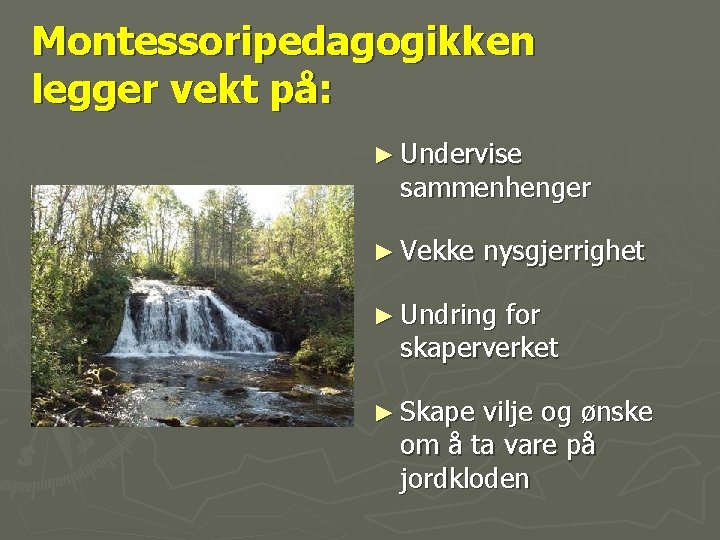 Montessoripedagogikken legger vekt på: ► Undervise sammenhenger ► Vekke nysgjerrighet ► Undring for skaperverket