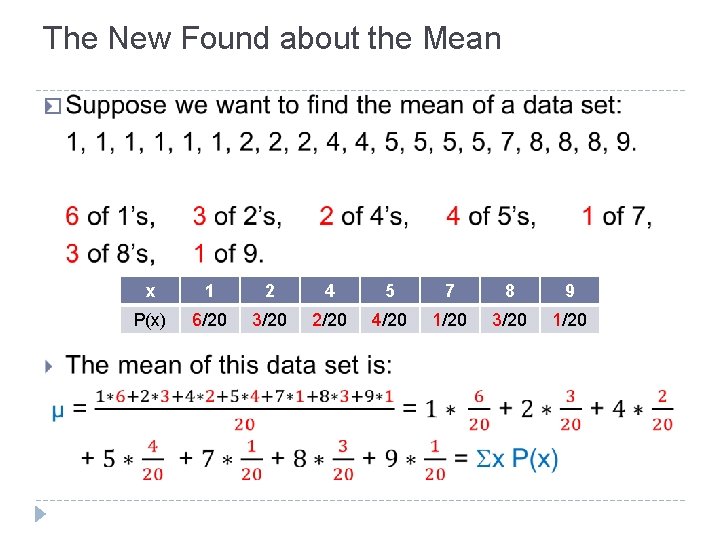 The New Found about the Mean � x 1 2 4 5 7 8