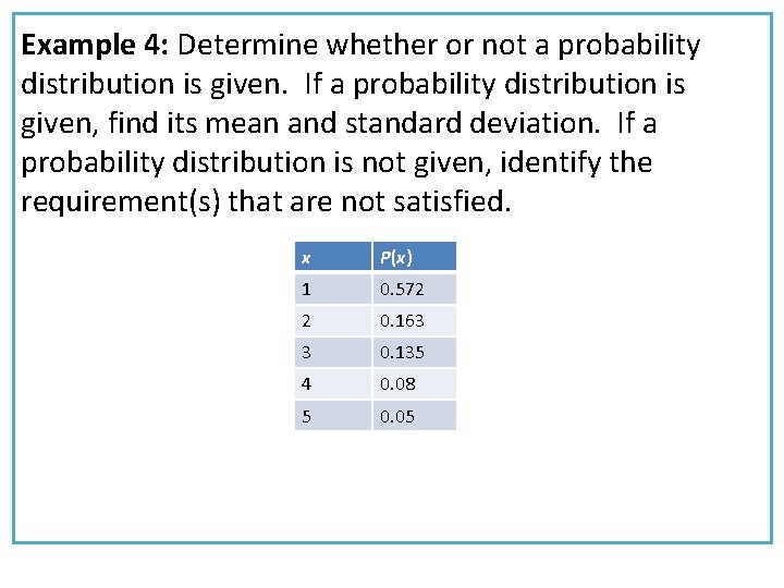 Example 4: Determine whether or not a probability distribution is given. If a probability