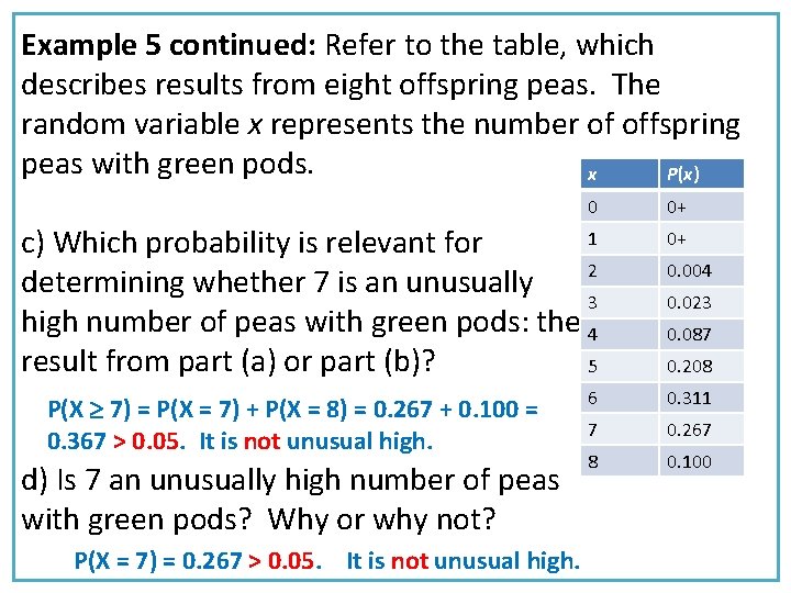 Example 5 continued: Refer to the table, which describes results from eight offspring peas.