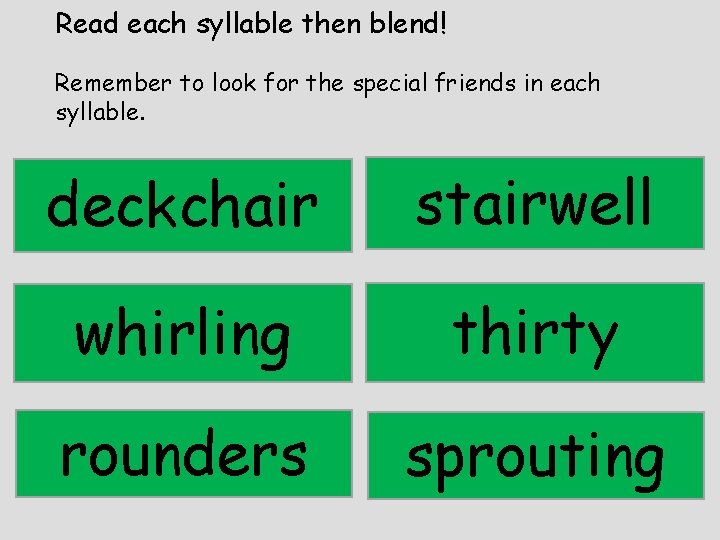 Read each syllable then blend! Remember to look for the special friends in each