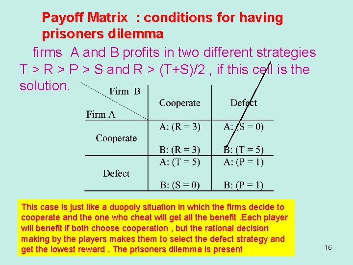 Payoff Matrix : conditions for having prisoners dilemma firms A and B profits in Payoff Matrix : conditions for having prisoners dilemma firms A and B profits in