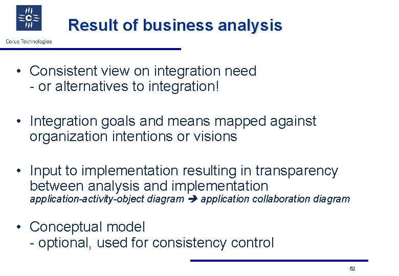 Result of business analysis • Consistent view on integration need - or alternatives to