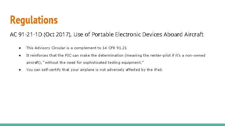 Regulations AC 91 -21 -1 D (Oct 2017), Use of Portable Electronic Devices Aboard