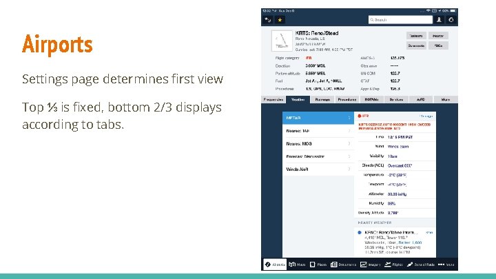 Airports Settings page determines first view Top ⅓ is fixed, bottom 2/3 displays according