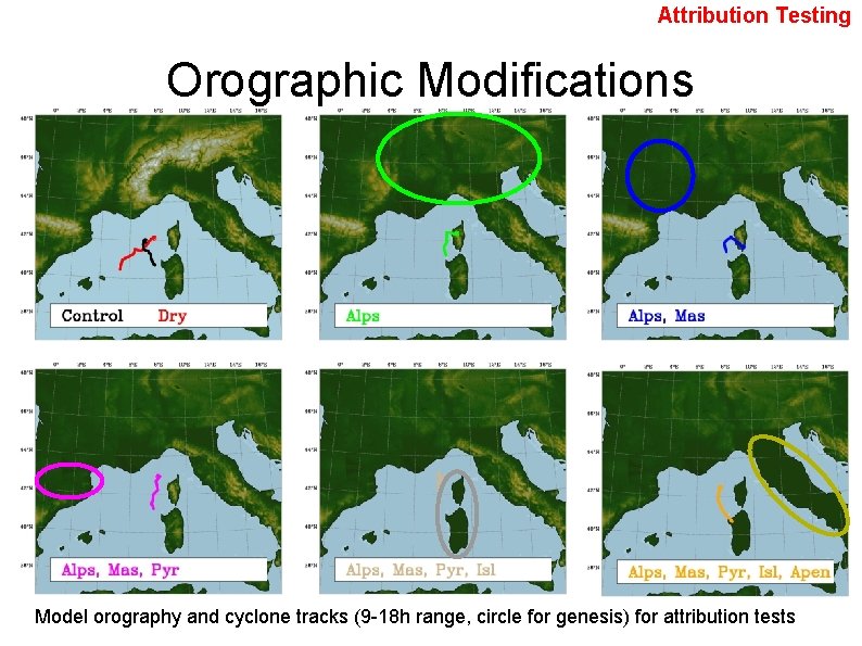 Attribution Testing Orographic Modifications Model orography and cyclone tracks (9 -18 h range, circle