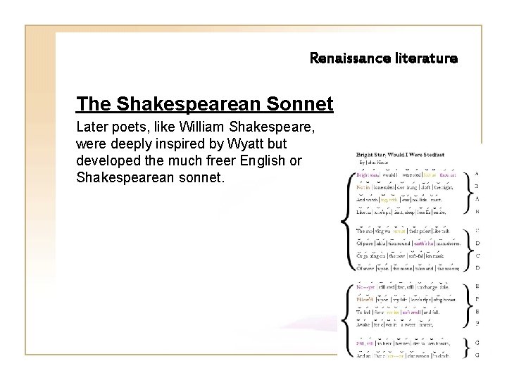 Renaissance literature The Shakespearean Sonnet Later poets, like William Shakespeare, were deeply inspired by