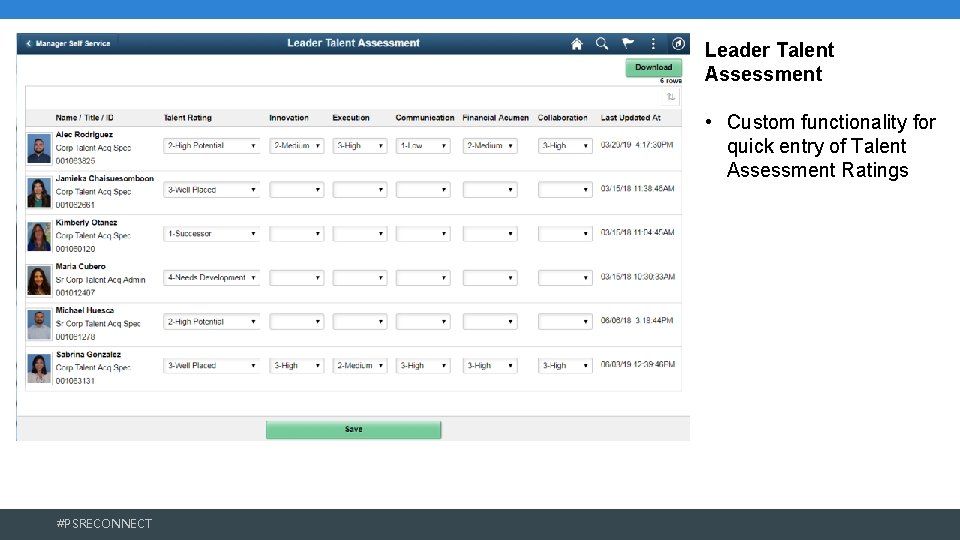 Leader Talent Assessment • Custom functionality for quick entry of Talent Assessment Ratings #PSRECONNECT Leader Talent Assessment • Custom functionality for quick entry of Talent Assessment Ratings #PSRECONNECT