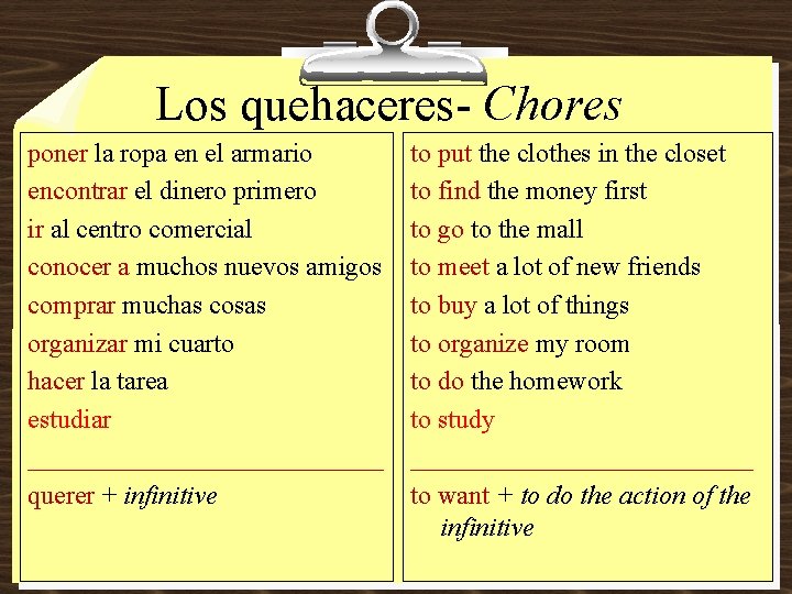 Los quehaceres- Chores poner la ropa en el armario encontrar el dinero primero ir Los quehaceres- Chores poner la ropa en el armario encontrar el dinero primero ir