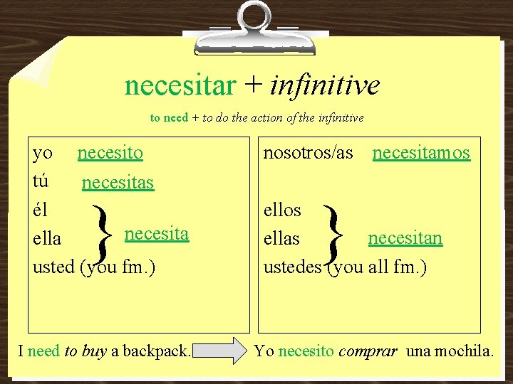 necesitar + infinitive to need + to do the action of the infinitive yo necesitar + infinitive to need + to do the action of the infinitive yo