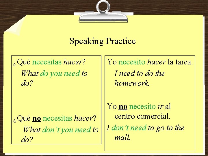 Speaking Practice ¿Qué necesitas hacer? What do you need to do? Yo necesito hacer Speaking Practice ¿Qué necesitas hacer? What do you need to do? Yo necesito hacer