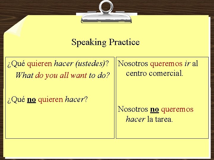 Speaking Practice ¿Qué quieren hacer (ustedes)? Nosotros queremos ir al centro comercial. What do Speaking Practice ¿Qué quieren hacer (ustedes)? Nosotros queremos ir al centro comercial. What do