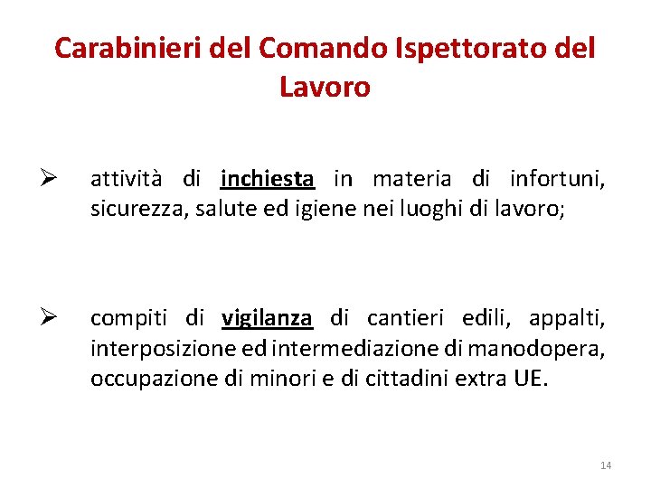 Carabinieri del Comando Ispettorato del Lavoro Ø attività di inchiesta in materia di infortuni,