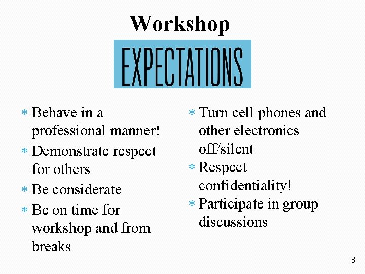 Workshop Behave in a professional manner! Demonstrate respect for others Be considerate Be on