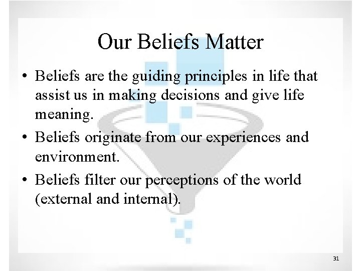 Our Beliefs Matter • Beliefs are the guiding principles in life that assist us Our Beliefs Matter • Beliefs are the guiding principles in life that assist us