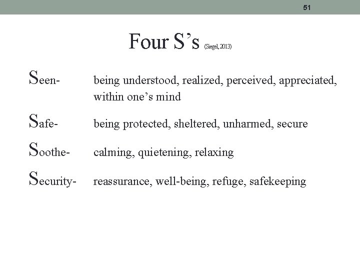 51 Four S’s Seen. Safe. Soothe. Security- (Siegel, 2013) being understood, realized, perceived, appreciated,