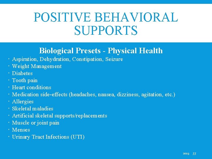 POSITIVE BEHAVIORAL SUPPORTS Biological Presets - Physical Health Aspiration, Dehydration, Constipation, Seizure Weight Management