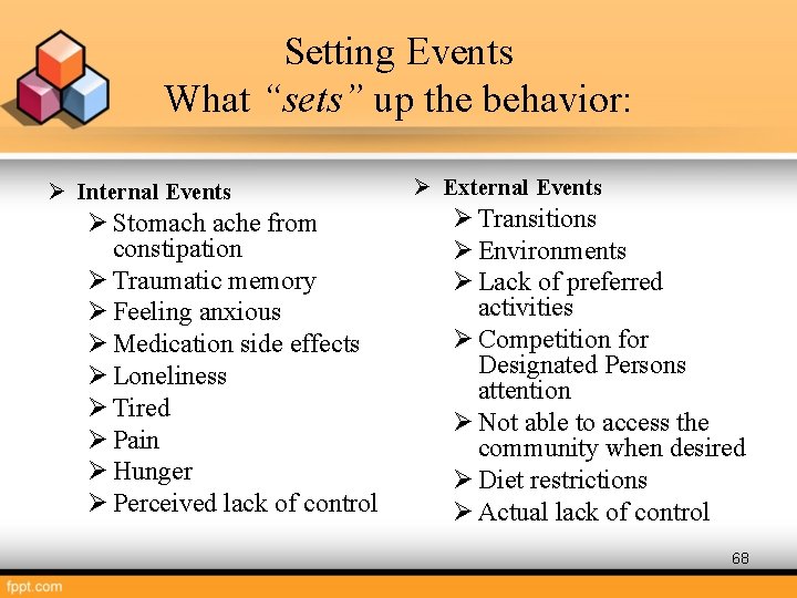 Setting Events What “sets” up the behavior: Ø Internal Events Ø Stomach ache from