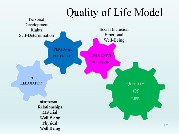 Quality of Life Model Interpersonal Relationships Material Well Being Physical Well Being 85 
