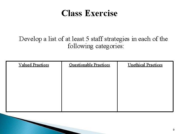Class Exercise Develop a list of at least 5 staff strategies in each of