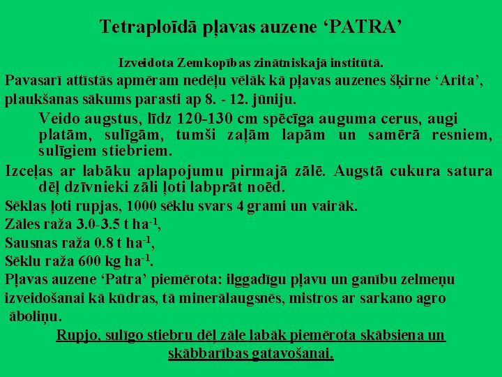 Tetraploīdā pļavas auzene ‘PATRA’ Izveidota Zemkopības zinātniskajā institūtā. Pavasarī attīstās apmēram nedēļu vēlāk kā