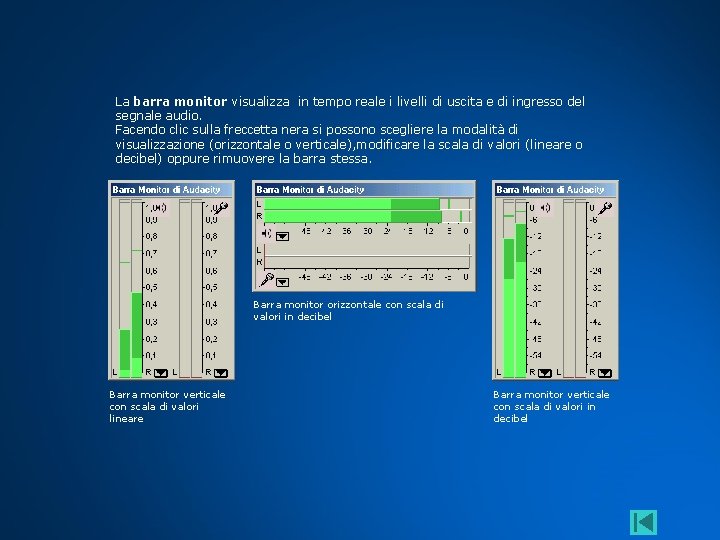 La barra monitor visualizza in tempo reale i livelli di uscita e di ingresso