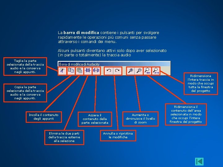 La barra di modifica contiene i pulsanti per svolgere rapidamente le operazioni più comuni