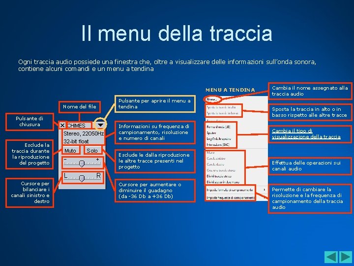 Il menu della traccia Ogni traccia audio possiede una finestra che, oltre a visualizzare