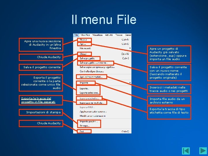 Il menu File Apre una nuova sessione di Audacity in un’altra finestra Chiude Audacity