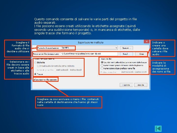 Questo comando consente di salvare le varie parti del progetto in file audio separati.