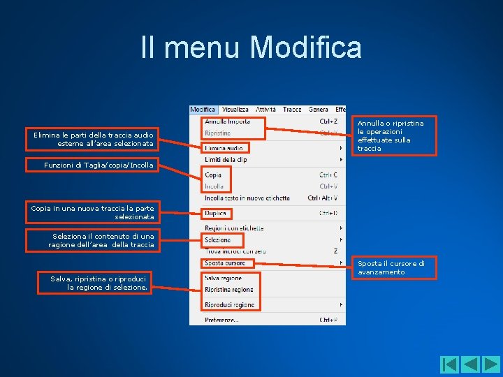 Il menu Modifica Elimina le parti della traccia audio esterne all’area selezionata Annulla o