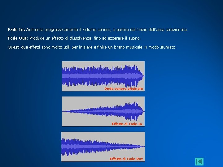 Fade In: Aumenta progressivamente il volume sonoro, a partire dall’inizio dell’area selezionata. Fade Out: