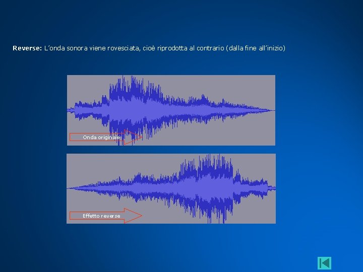 Reverse: L’onda sonora viene rovesciata, cioè riprodotta al contrario (dalla fine all’inizio) Onda originale