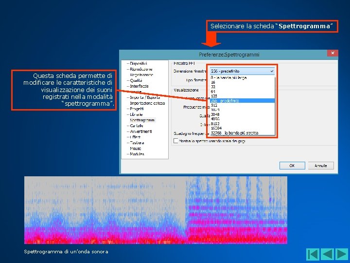 Selezionare la scheda “Spettrogramma” Questa scheda permette di modificare le caratteristiche di visualizzazione dei