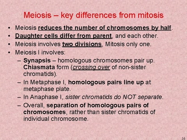 Meiosis – key differences from mitosis • • Meiosis reduces the number of chromosomes