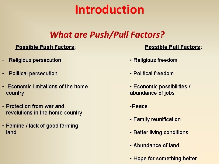 Introduction What are Push/Pull Factors? Possible Push Factors: Possible Pull Factors: • Religious persecution