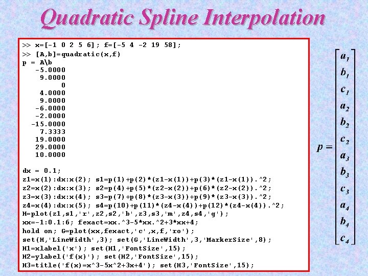 Quadratic Spline Interpolation >> x=[-1 0 2 5 6]; f=[-5 4 -2 19 58];