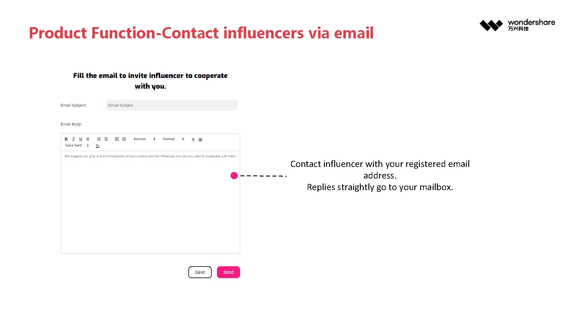 Product Function-Contact influencers via email Contact influencer with your registered email address. Replies straightly